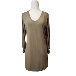 Susan Graver Women's Khaki A-line Liquid Knit Ruched 3/4 SleeveTunic Size XS
